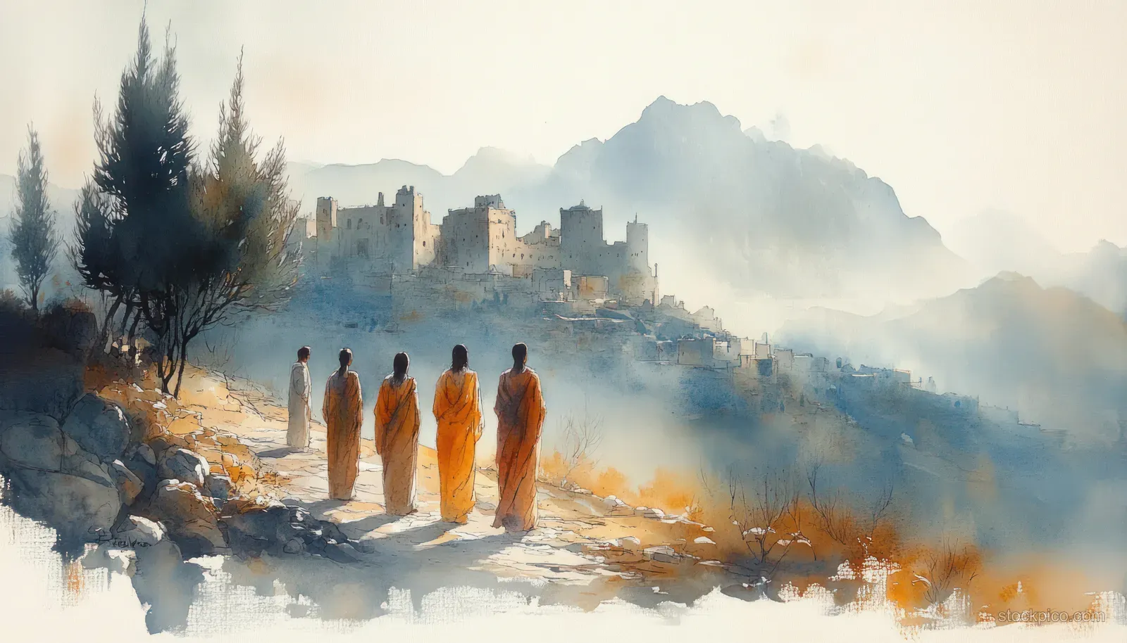 Jesus and followers in robes walk along a misty hill path at dawn in watercolor style.