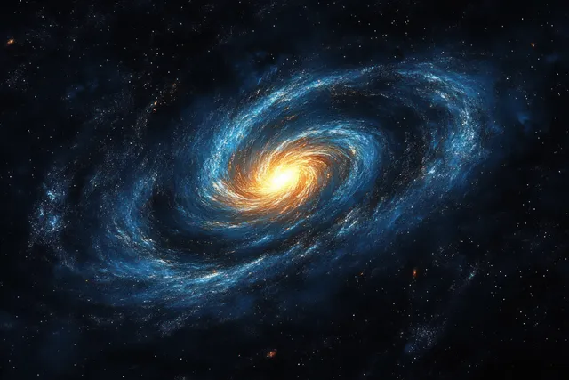 A blue spiral galaxy with a bright orange center glows as stars streak around it in deep space.