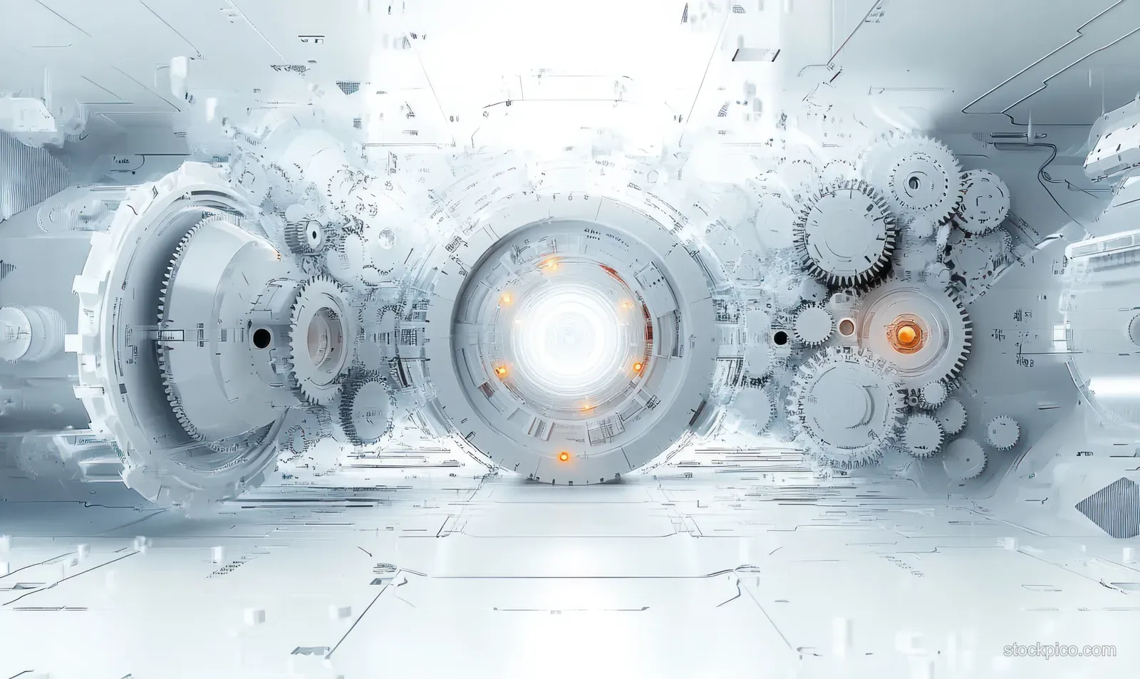 Abstract gears and circuitry arranged in a glowing white tunnel.