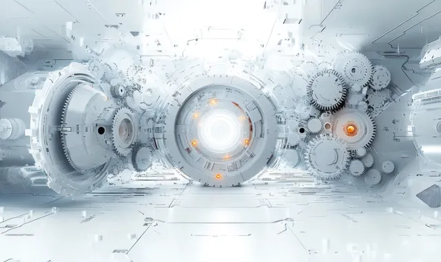 Futuristic abstract gears and circuitry in a luminous white tunnel