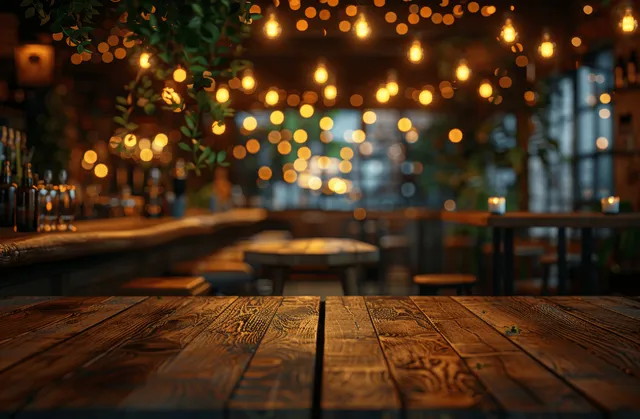 Rustic wooden bar tabletop in front of a blurred pub interior with warm string lights and shelves.