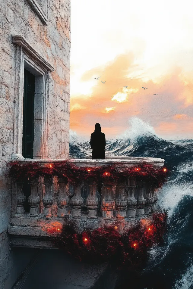 Silhouette of a person on an old stone balcony overlooking turbulent ocean waves at sunset with birds overhead.