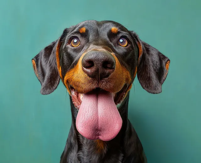 Close-up happy black and brown dog panting with tongue out on teal studio background