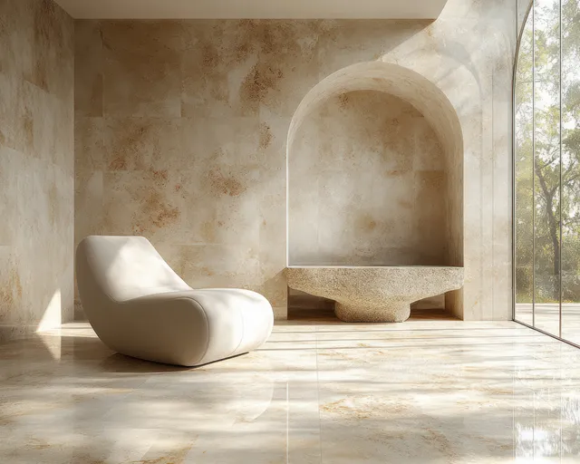White lounge chair and stone table sit in a sunlit minimalist interior with concrete arches and a tall window.