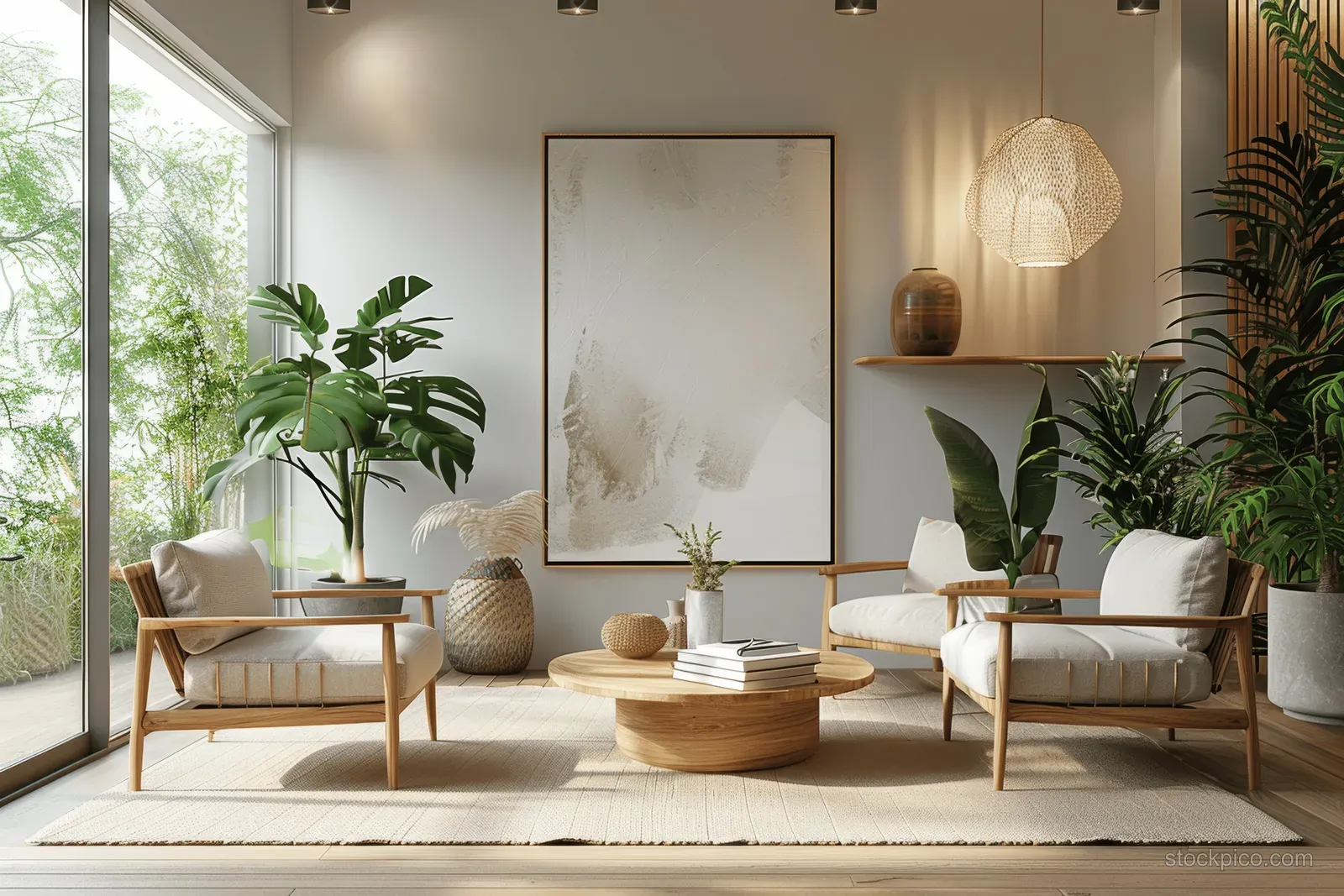 Sunlit Scandinavian living room with wooden armchairs, a coffee table, framed art, and indoor plants by large windows.