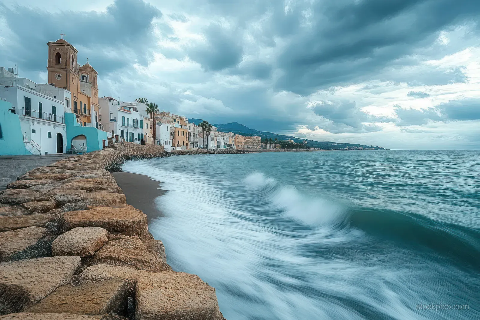Pastel buildings and a church stand beside a stone seawall overlooking turbulent ocean waves under cloudy skies.