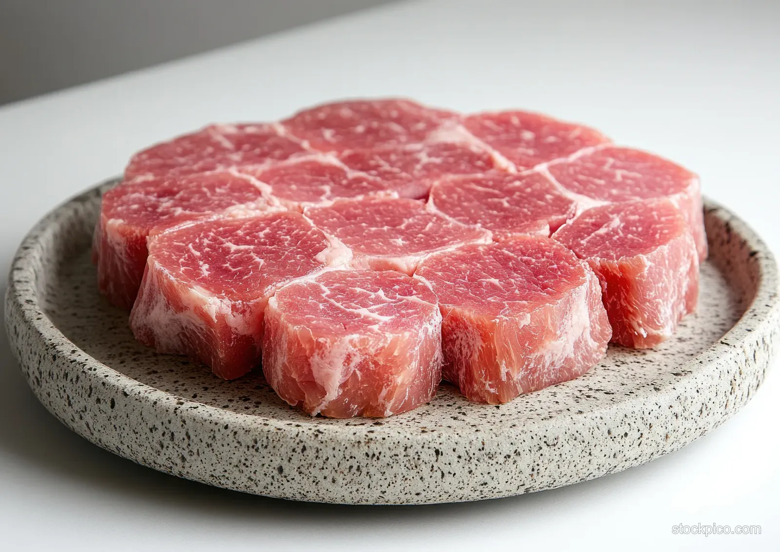Raw beef medallions with marbling arranged on a speckled plate.