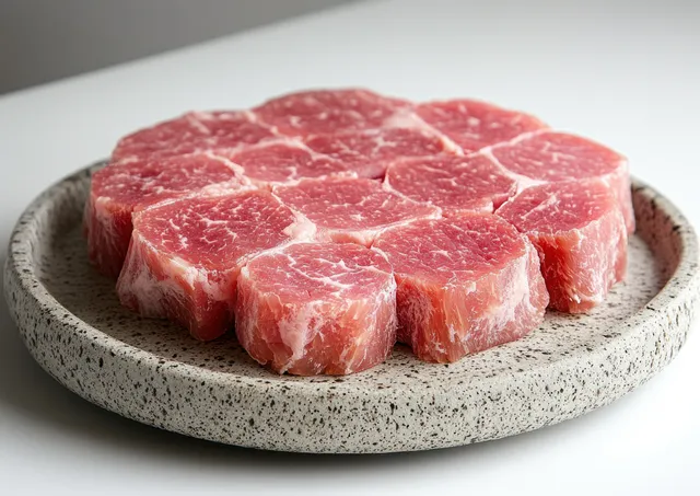 Raw beef medallions with marbling on speckled plate against white background