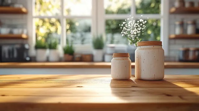 Two flour jars sit on a wooden kitchen countertop with soft sunlight and blurred shelves behind them.