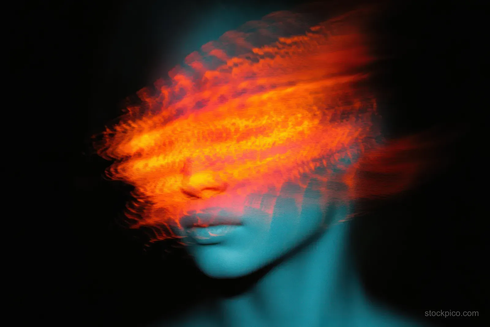 Blue-tinted face partially obscured by flowing orange light streaks across the eyes against a black background.