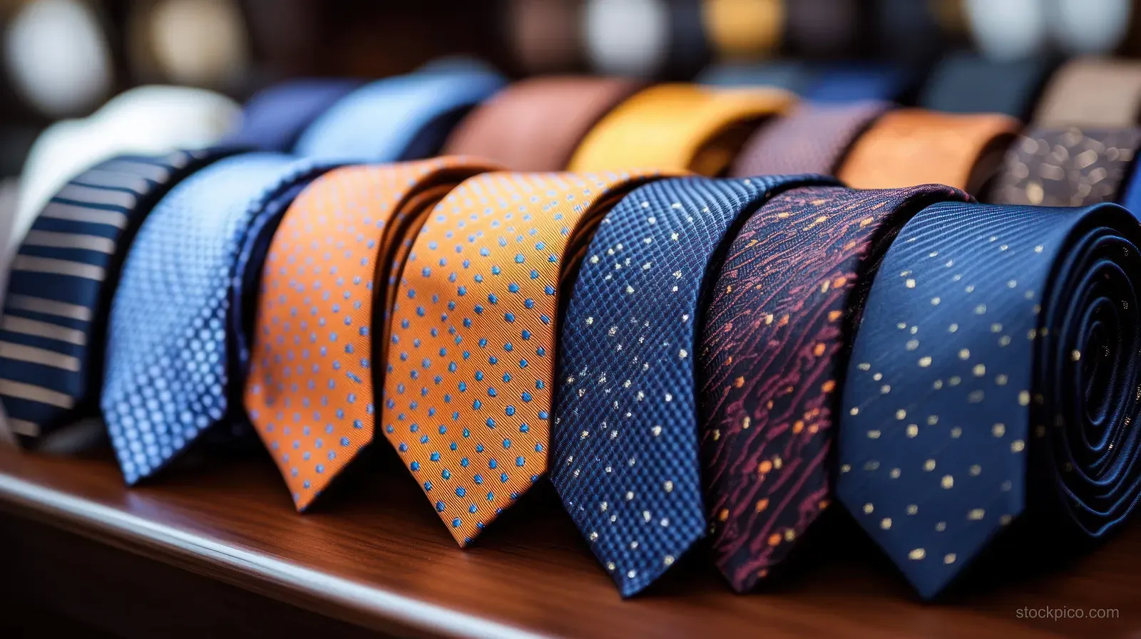A row of colorful patterned neckties neatly arranged on a wooden surface in close-up.