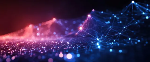 Neon network nodes flow across a cyberpunk digital landscape with glowing data waves