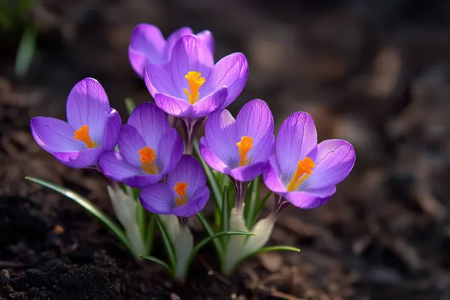 Purple crocus flowers bloom from dark soil, revealing orange stamens and soft spring sunlight.