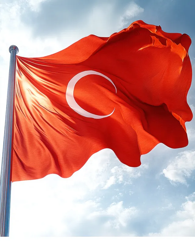 A red flag with a white crescent moon emblem waves on a pole against a partly cloudy blue sky.