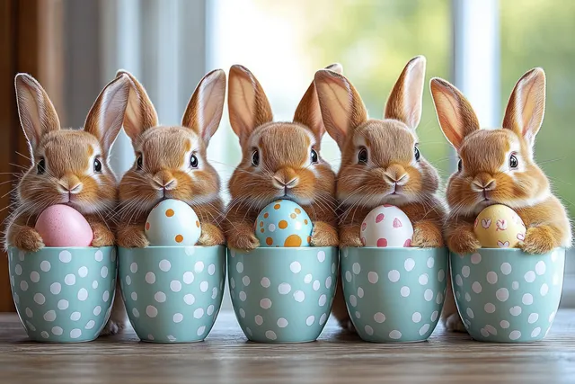 Five brown bunnies in blue polka-dot cups each hold a decorated pastel Easter egg by a bright window.