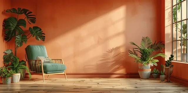Scandinavian living room scene with peach wall, green armchair, plants, and sunlit window