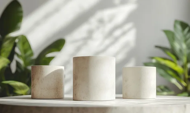 Three textured concrete cylindrical planters with green leafy plants behind them and soft shadows on a light surface.