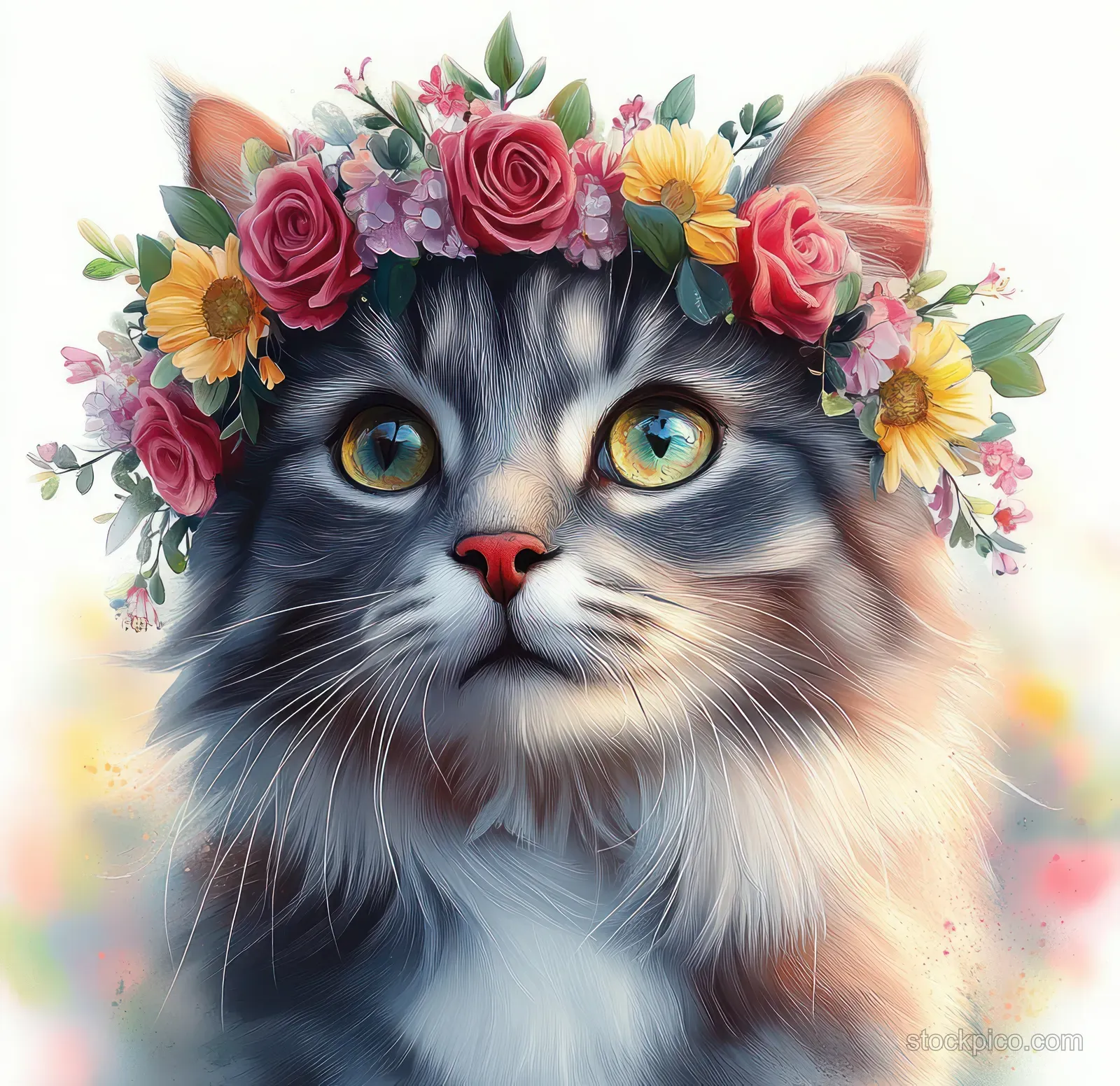 Grey watercolor cat portrait with a pink rose and flower crown, framed by warm golden hour light.