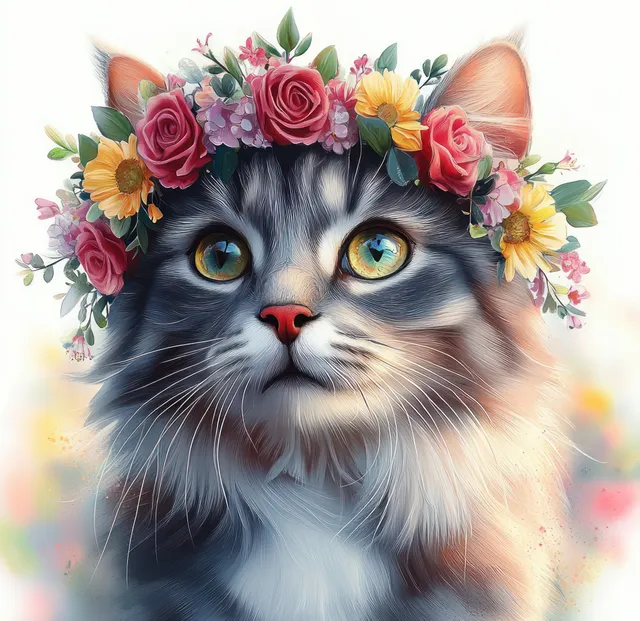 Watercolor grey cat portrait wearing pink rose crown under golden hour glow