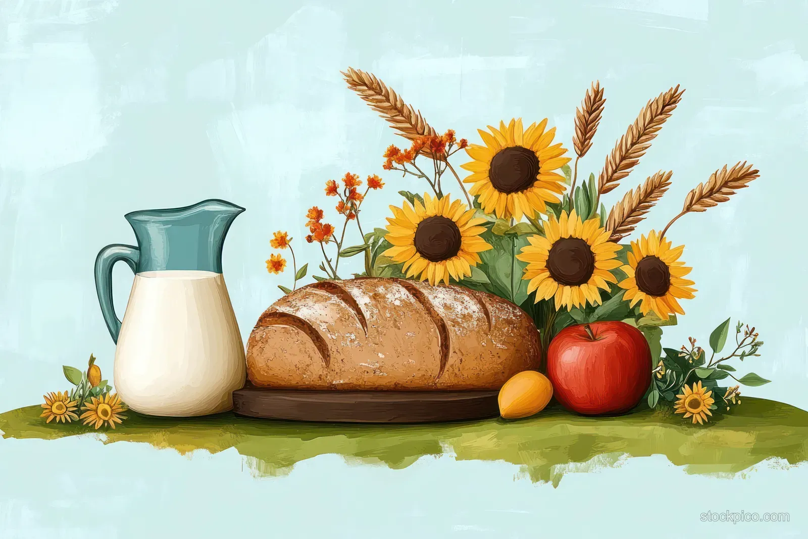 Loaf of bread on a wooden board with a milk jug, red apple, sunflowers, and wheat stalks on a green table.