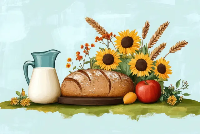 Loaf of bread on a wooden board with a milk jug, red apple, sunflowers, and wheat stalks on a green table.