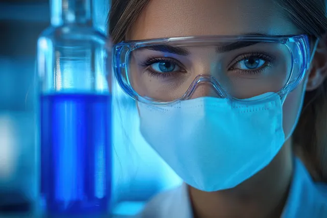 Female scientist in protective goggles and face mask looks into the camera with blue lab glassware blurred behind.
