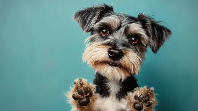 Close-up portrait of a small black-and-white dog reaching forward on a soft blue backdrop