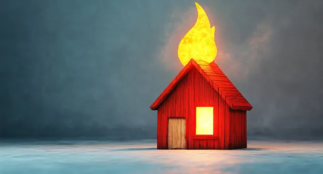 Red wooden house with rising cartoon flame icon in a smoky dark scene