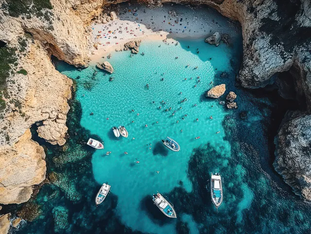 Aerial view shows turquoise water in a rocky cove with anchored boats and swimmers near a sandy beach.