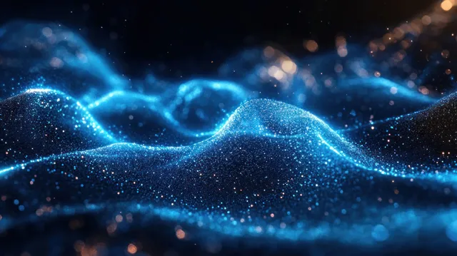 Glowing blue particle waves ripple across a dark space background with electric energy trails and sparkly bokeh.