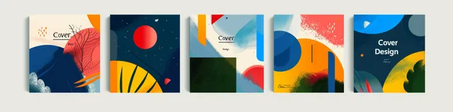 Geometric vector book covers with bold circles, triangles, and abstract night-sky gradients