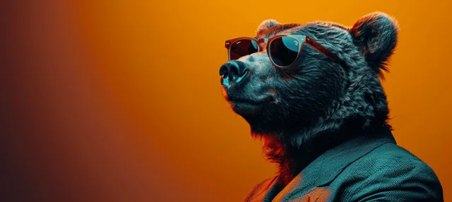 A bear wearing turquoise sunglasses and a teal suit poses beside an orange studio background with blank space.
