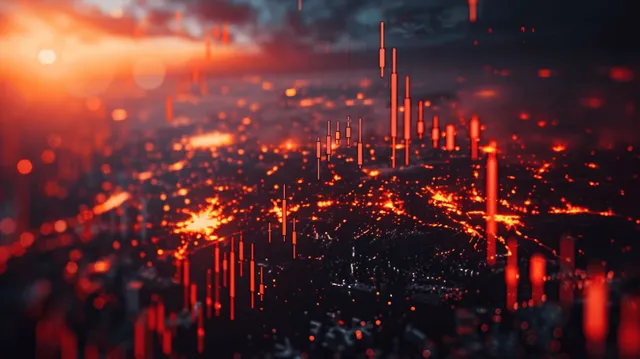 Rising stock market candlestick chart over trading floor with glowing data points and red lights