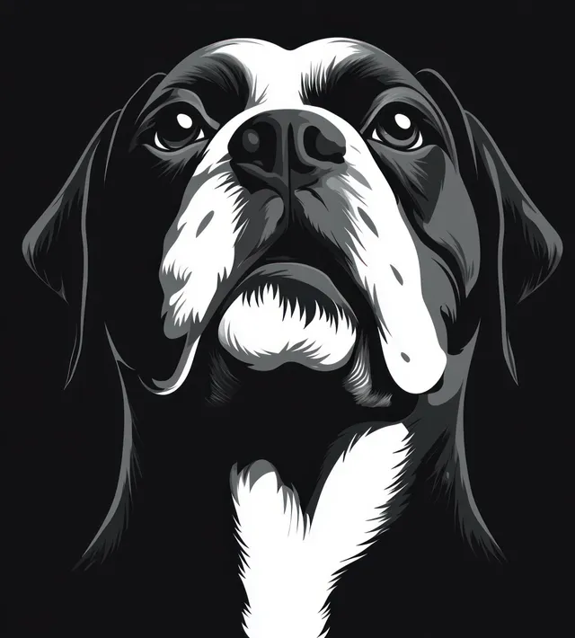 Monochrome illustration of a serious dog gazing upward with focused eyes against a dark background.