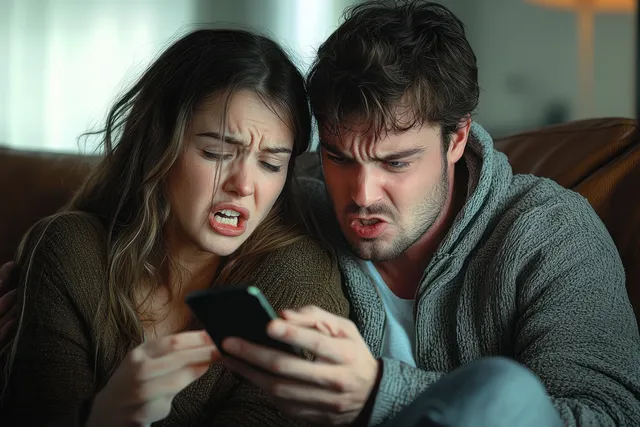 A frustrated young couple argues while looking at a smartphone on a living room couch.