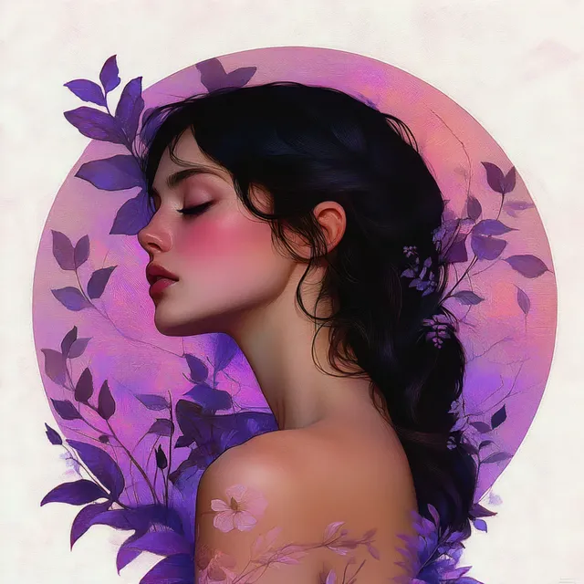 Side-profile portrait of a young woman with closed eyes, dark hair, and purple-pink flowers in a circular frame.
