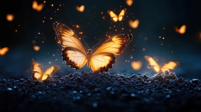 Orange glowing butterflies resting on dark soil with small sparkling light particles in a nighttime scene.