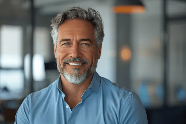 Smiling middle-aged businessman in blue shirt in modern office, confident headshot