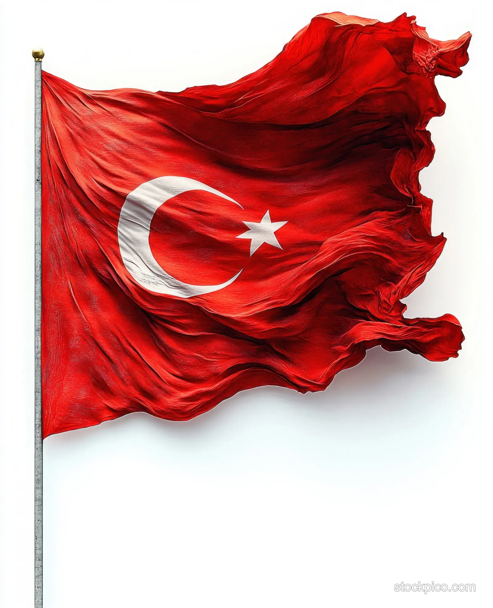 A red Turkish flag with a white crescent and star waving on a pole against a clean background.