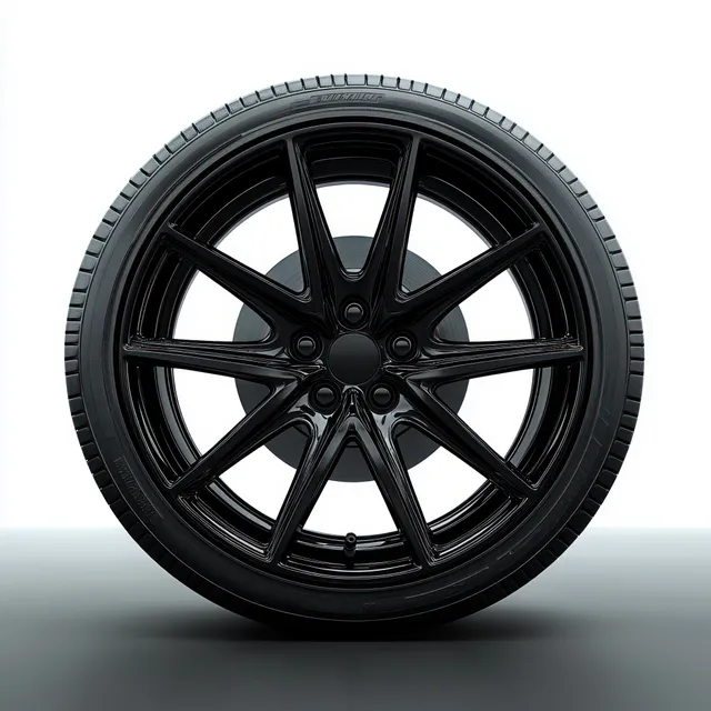 Close-up of a black radial-spoke alloy car wheel and tire on neutral background