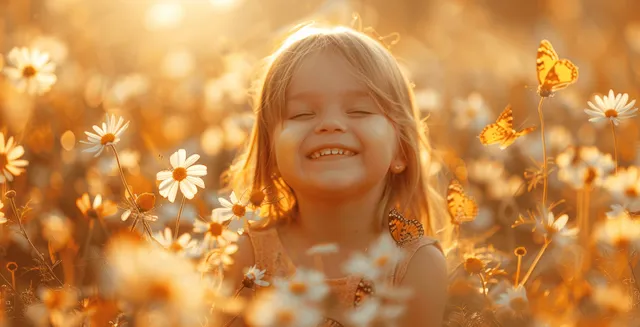 Laughing little girl playing with butterflies among spring daisies at sunset