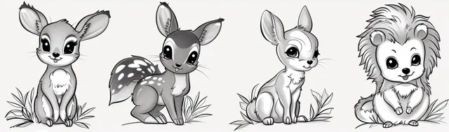 Four forest animals—a fawn, rabbit, squirrel, and hedgehog—shown as thick black outline sketches on white.