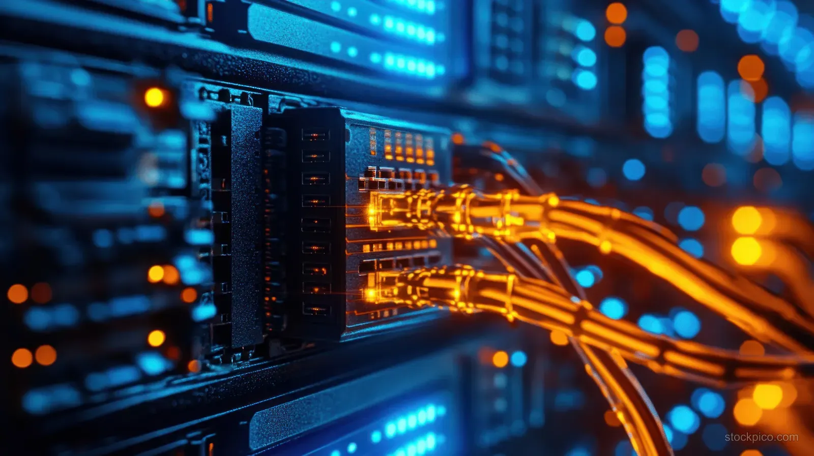 A server rack with glowing fiber-optic cables branching through neon-lit network indicators.