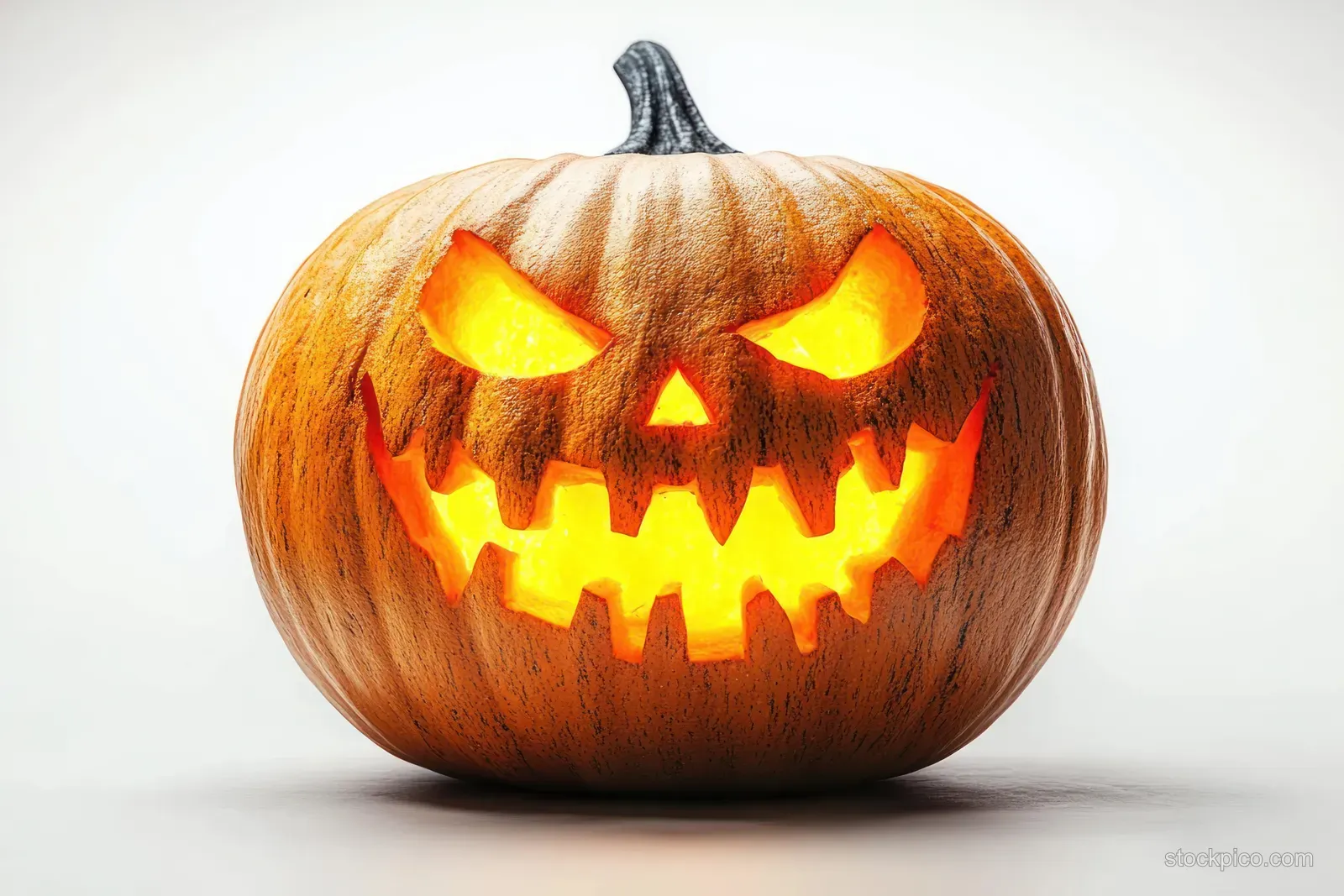 Carved jack-o-lantern pumpkin with glowing eyes and jagged grin sitting against a light background.