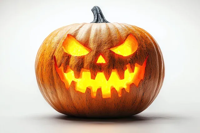 Glowing jack-o-lantern pumpkin with jagged grin and flickering candlelight in darkness