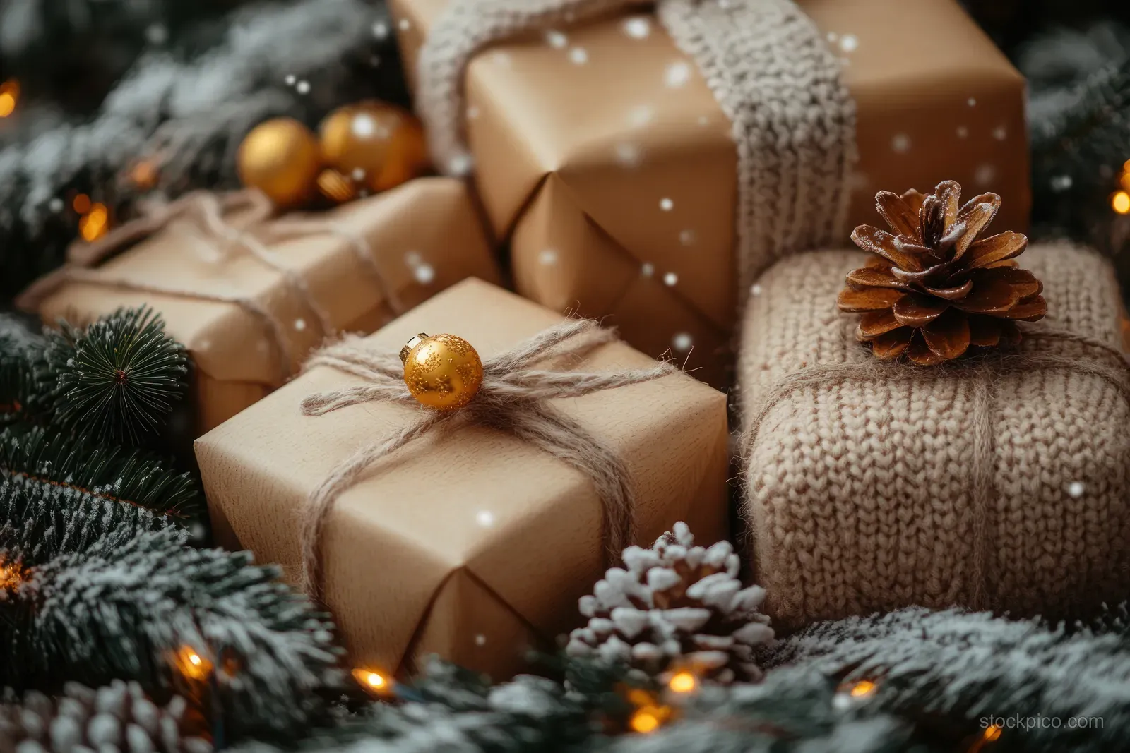 Wrapped Christmas gifts and a knit winter accessory sit beside pinecones and evergreen branches on a snowy wooden surface.
