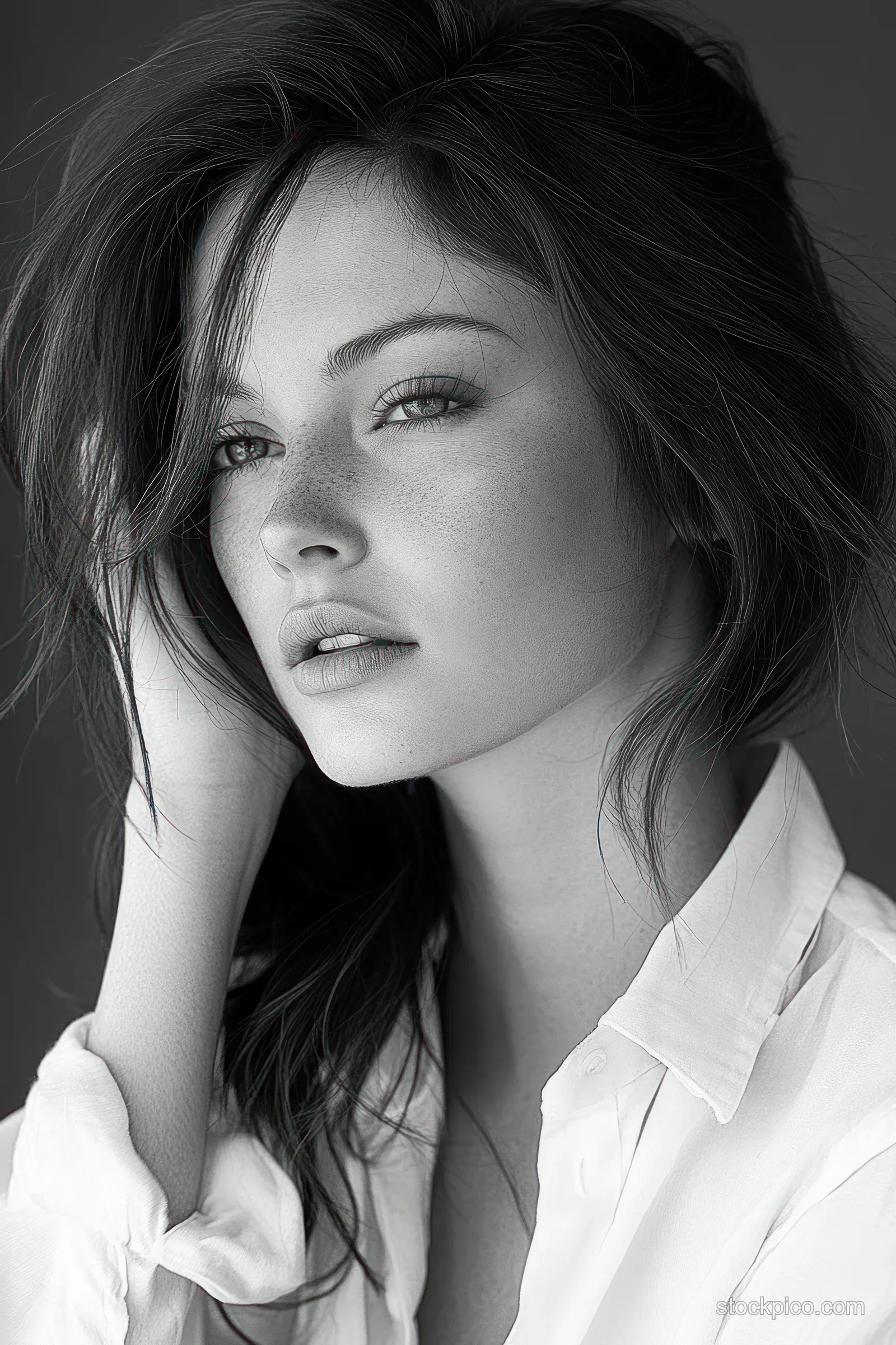 Black-and-white close-up portrait of a freckled woman in a white shirt, resting her hand and looking thoughtfully.