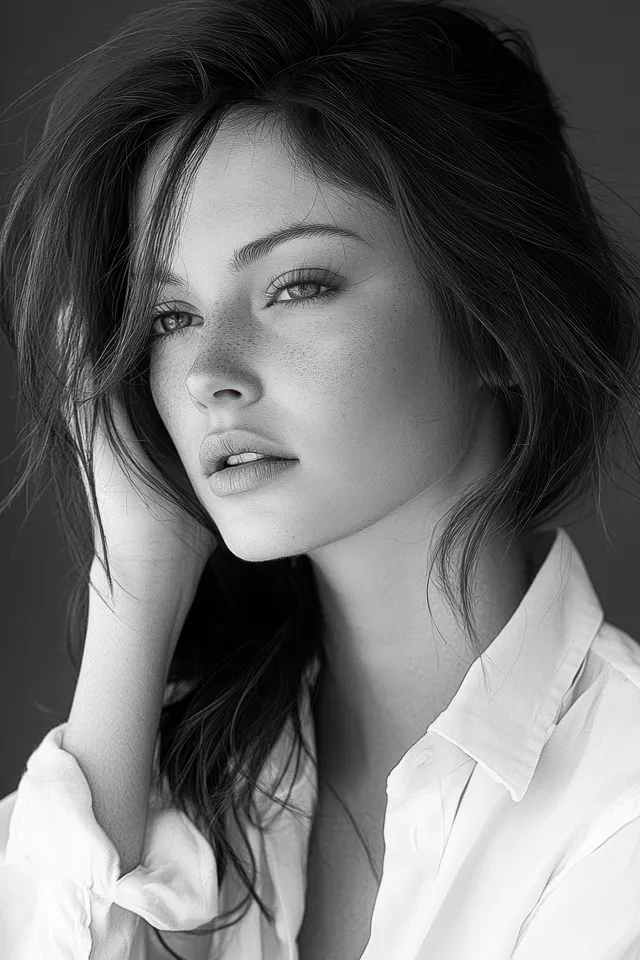 Black-and-white close-up portrait of a freckled woman in a white shirt, resting her hand and looking thoughtfully.