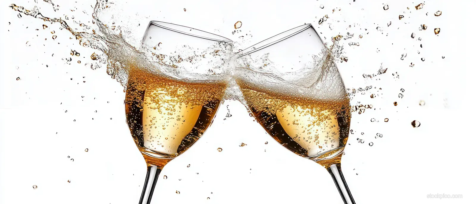 Two transparent champagne glasses clink together, releasing golden bubbles and droplets against a white background.