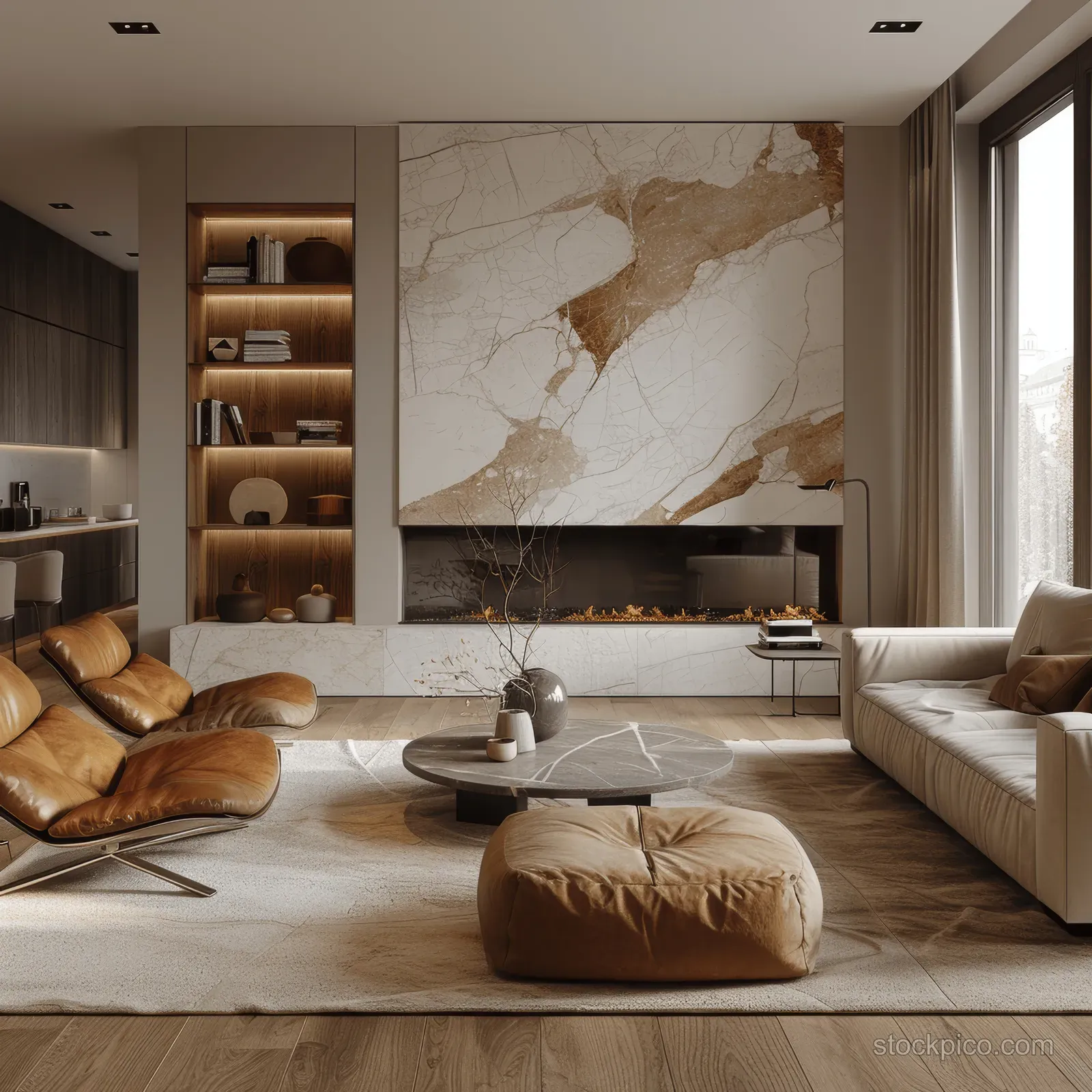 Minimalist living room with a marble fireplace, built-in shelves, leather armchairs, modern sofa, and abstract wall art.